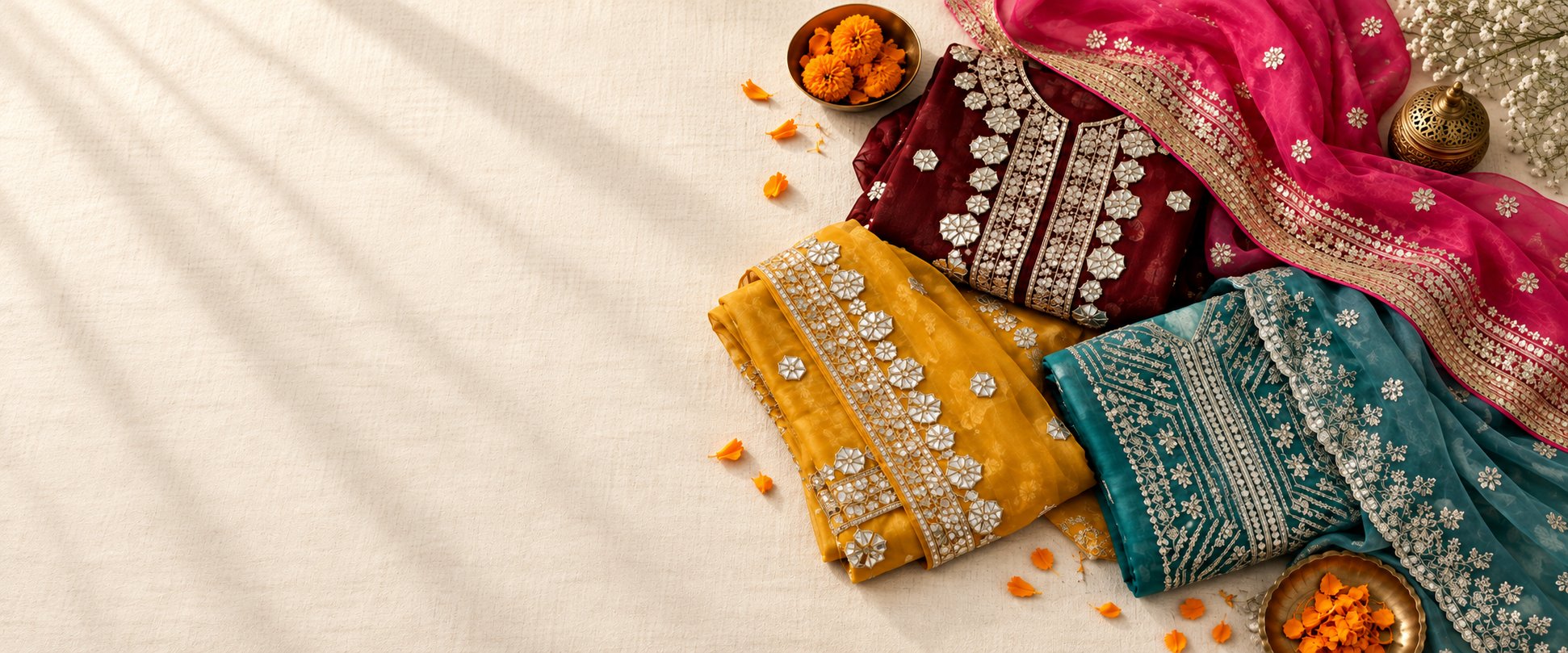 Folded gota patti and handwork suits in mustard, maroon and teal on ivory linen