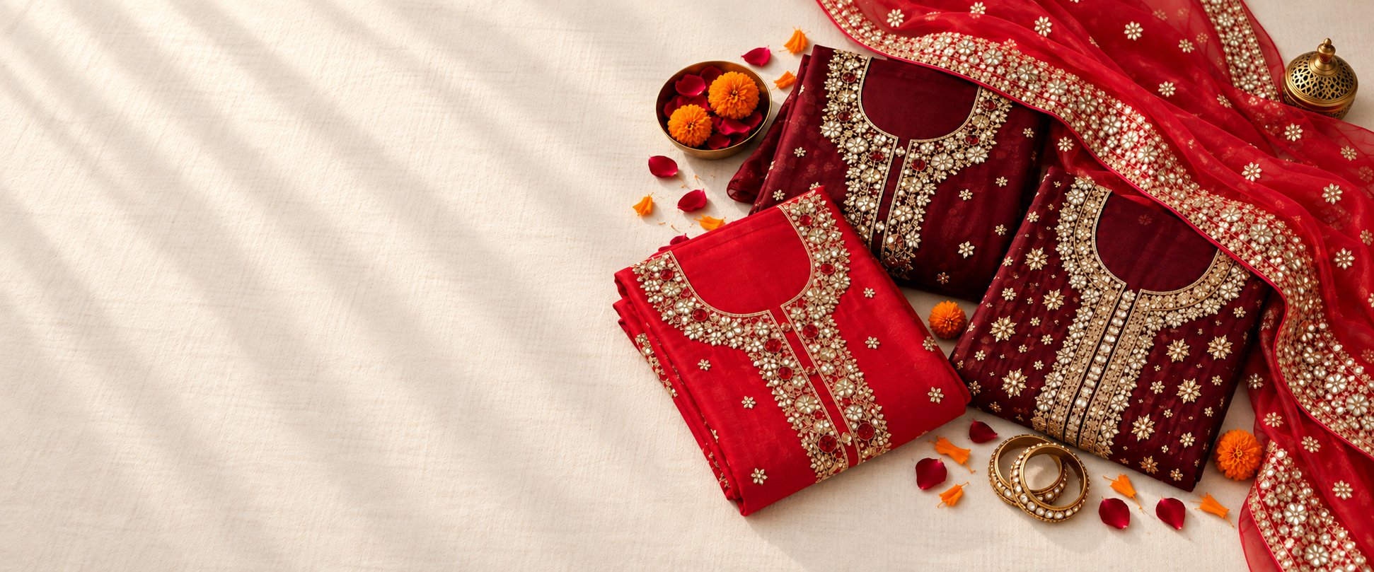 Red and maroon bridal suits with gold gota and sequin work and a red dupatta