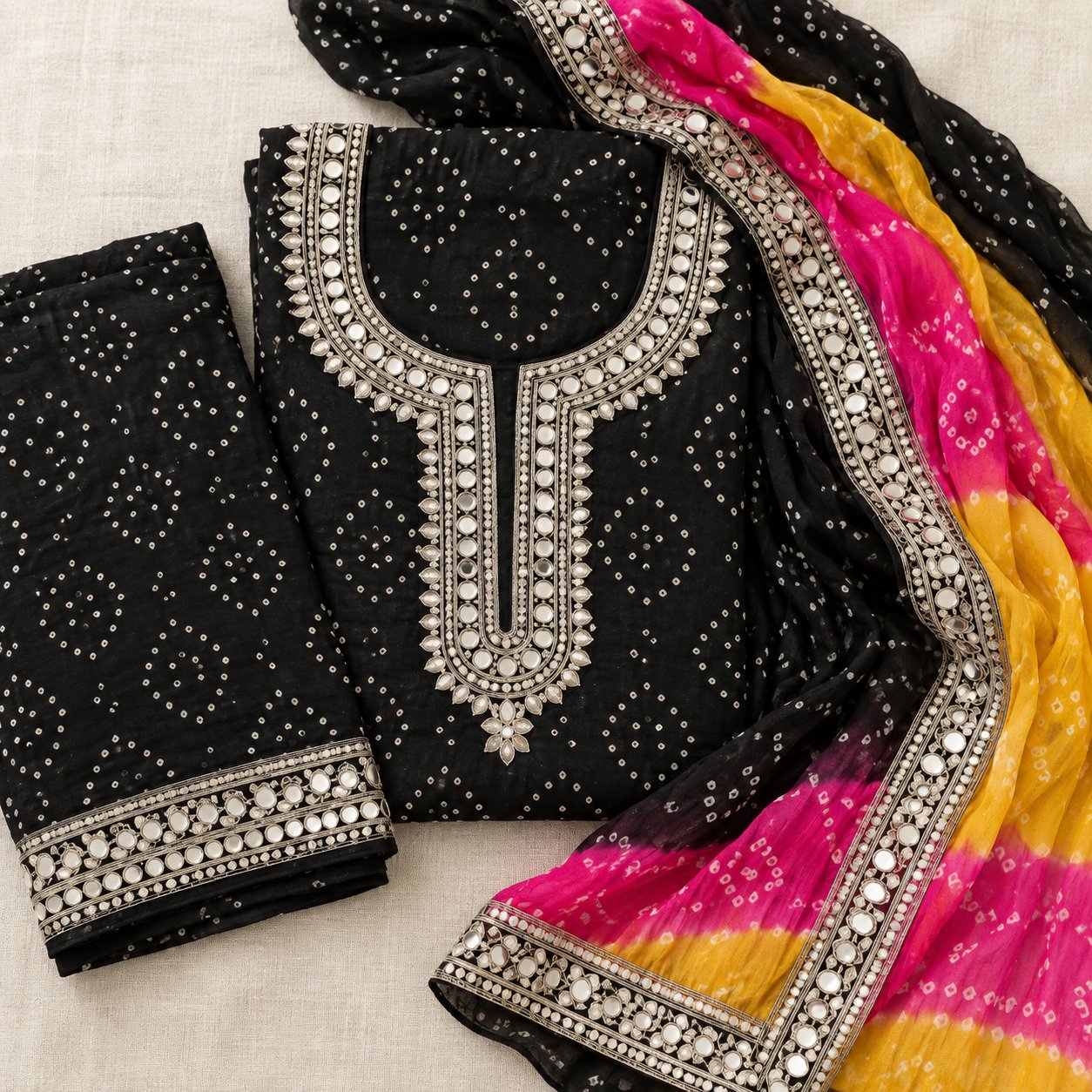 Black Bandhani Ghota Patti Mirror Suit