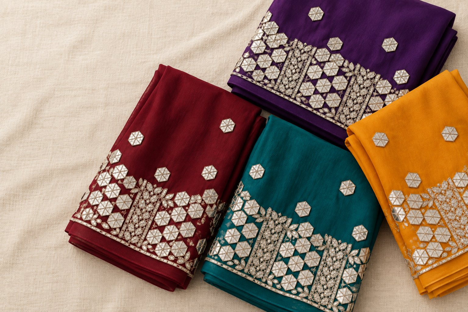 Gota patti and mirror-work suits on ivory linen