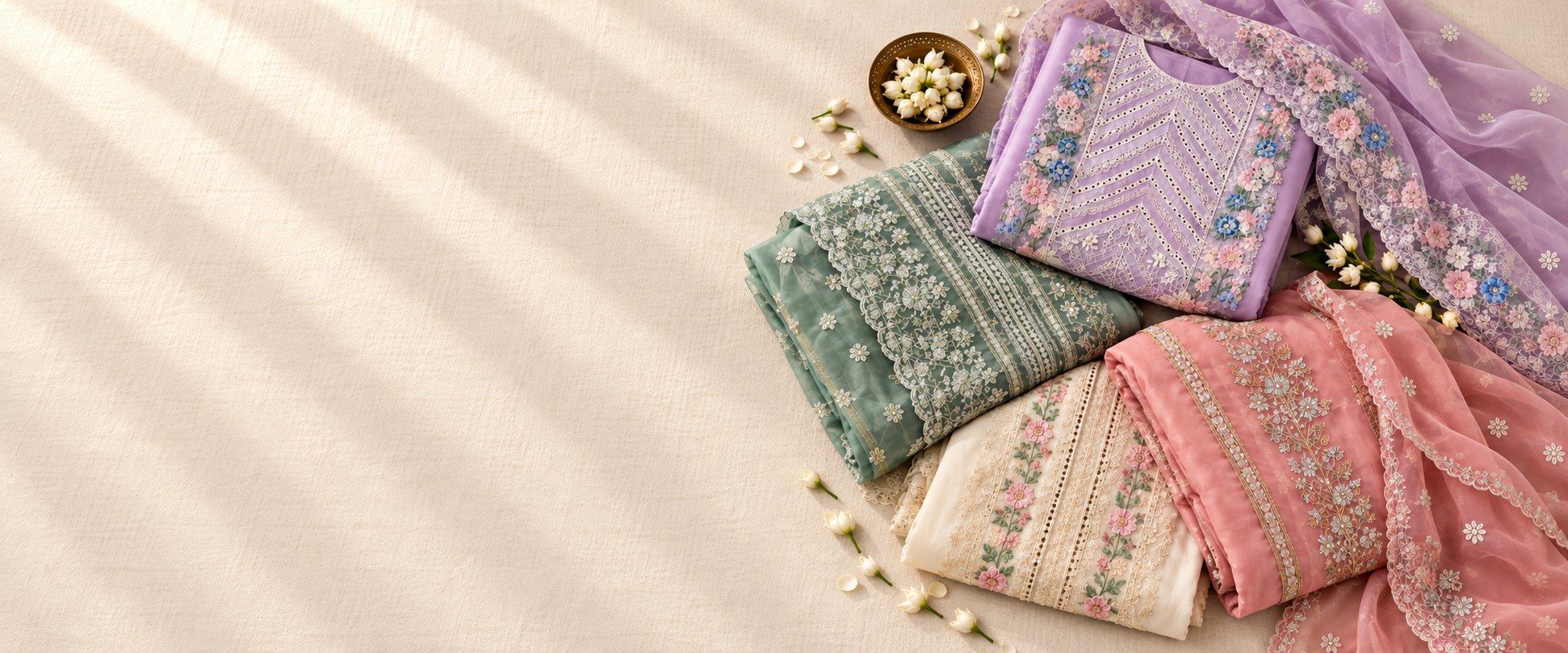 Pastel organza suits with fine resham handwork and jasmine buds