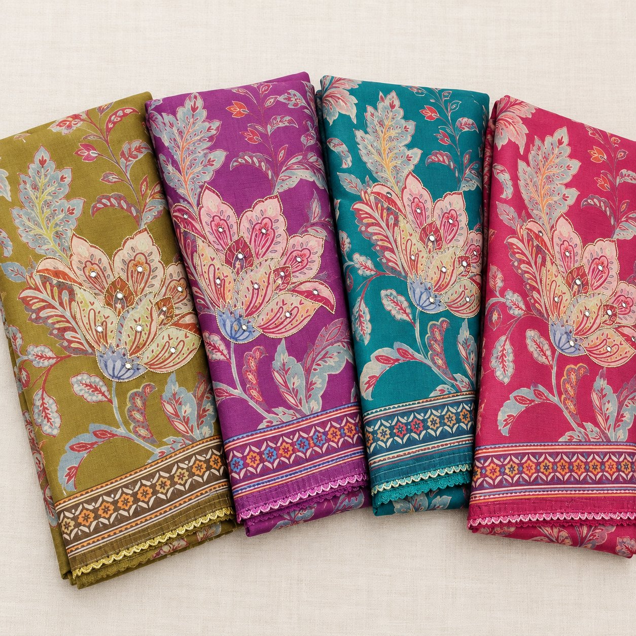 Floral Print Masleen Suit with Mirror Work – 4 Colours