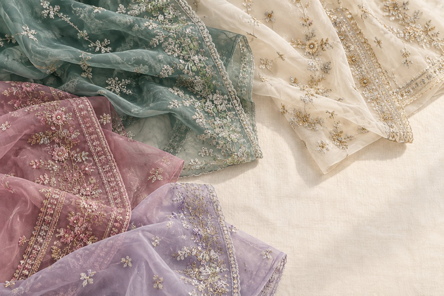 Sheer organza suits with handwork embroidery