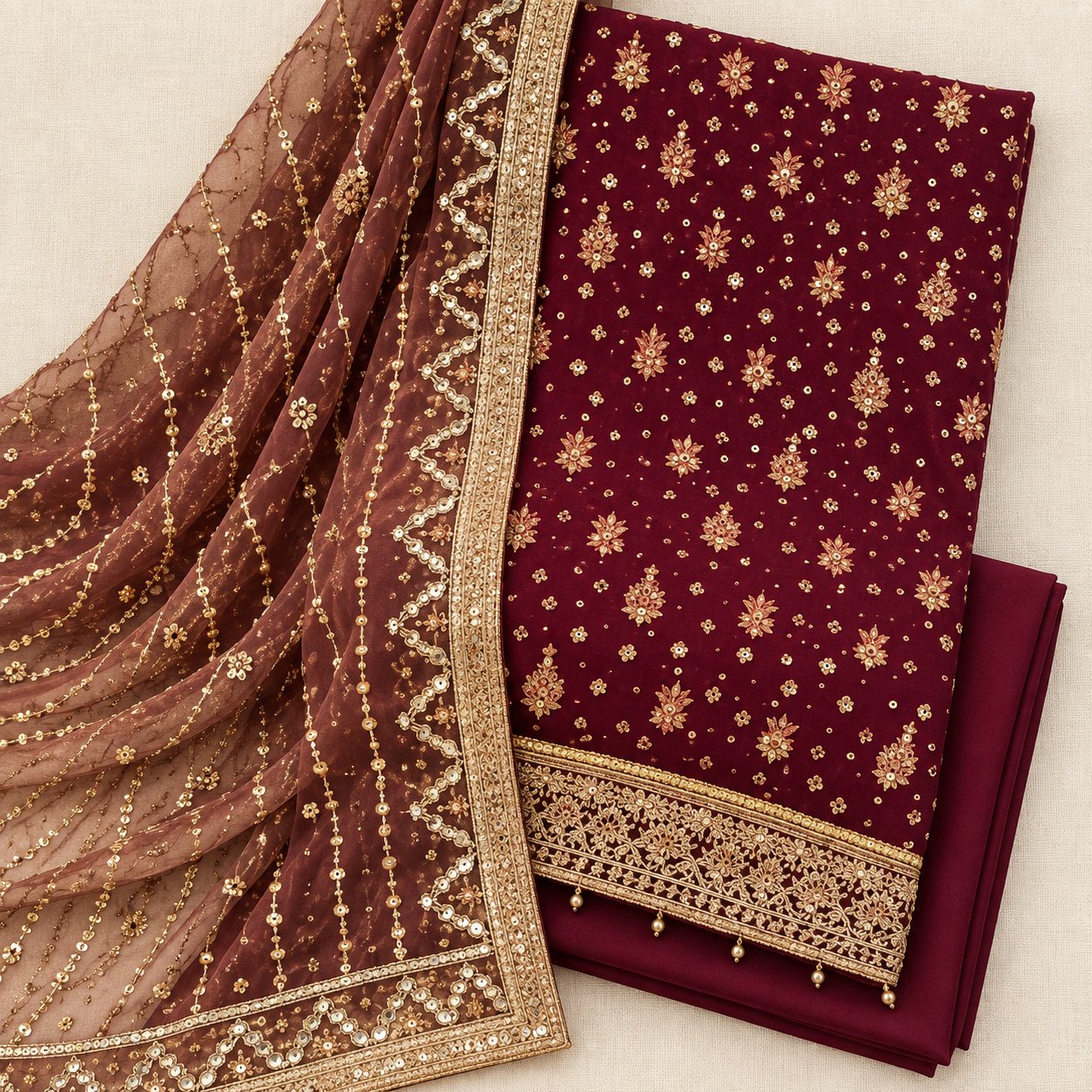Bridal Red Mirror-Sequin Dupatta Suit