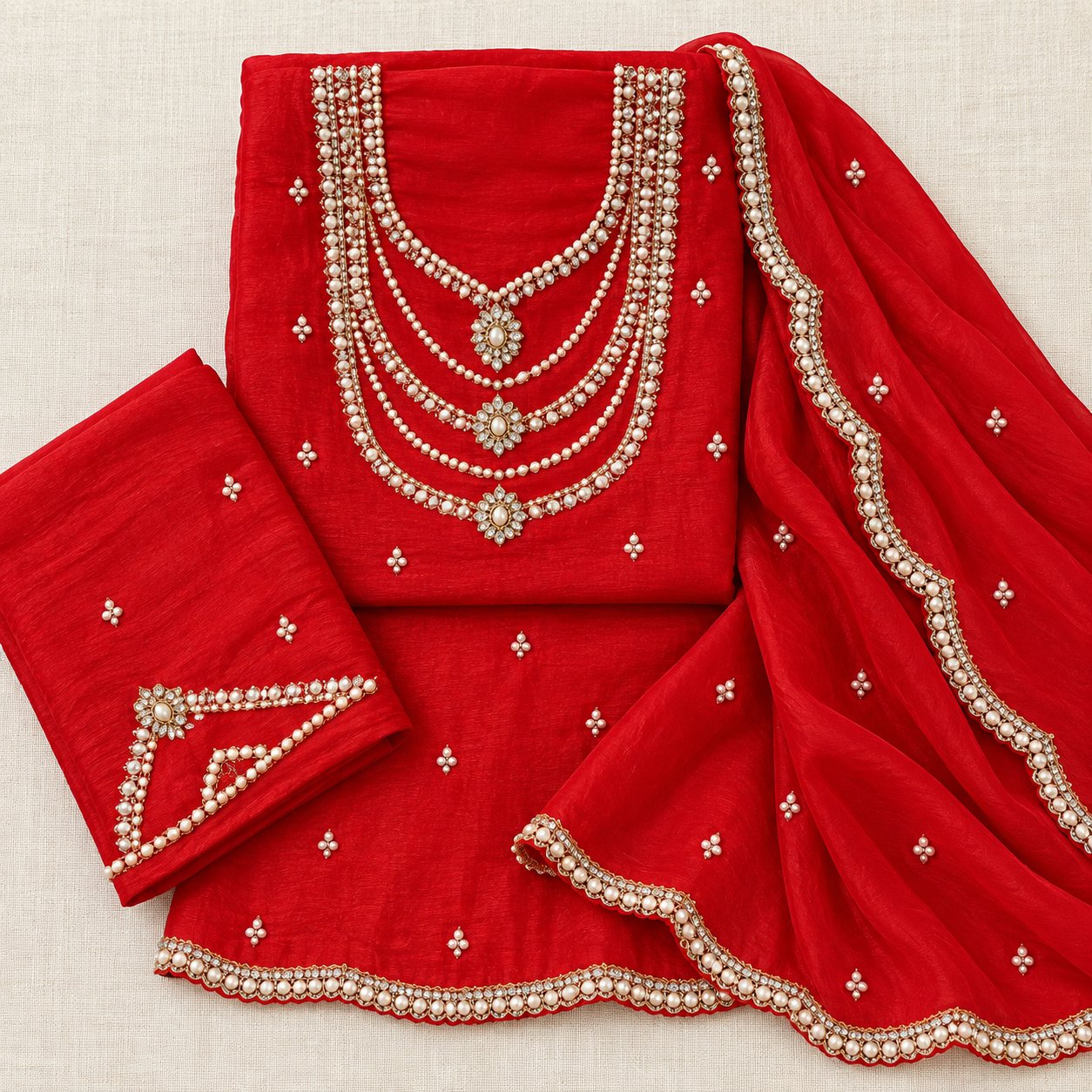 Red Gota Patti Pearl-Work Suit